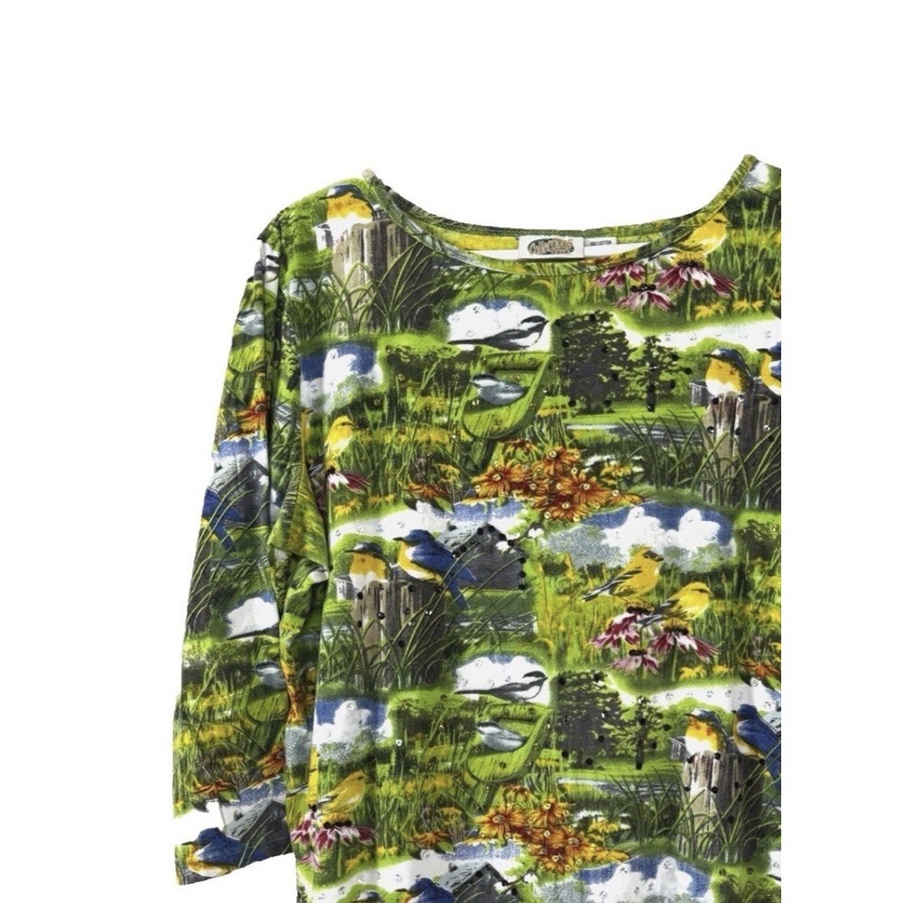 VTG Collections Etc Large Top 3/4 Sleeve Knit Tee Barn Bird Floral Sequin Kitsch